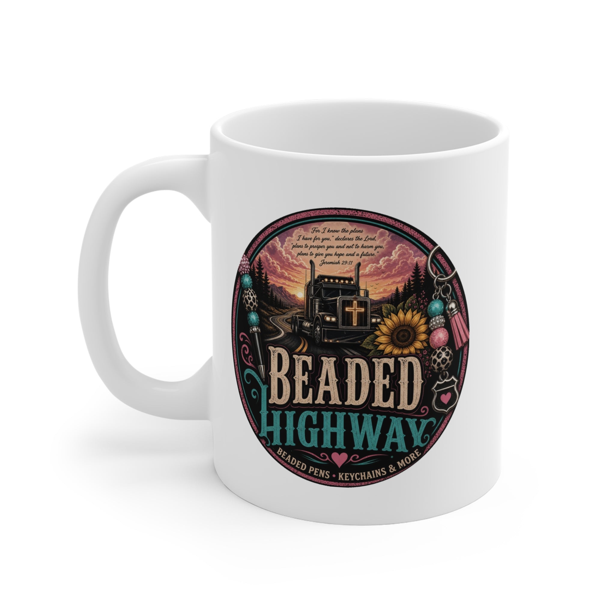 Beaded Highway Mug — Western Route Trucking Coffee Cup with Sunflower & Beadwork Design