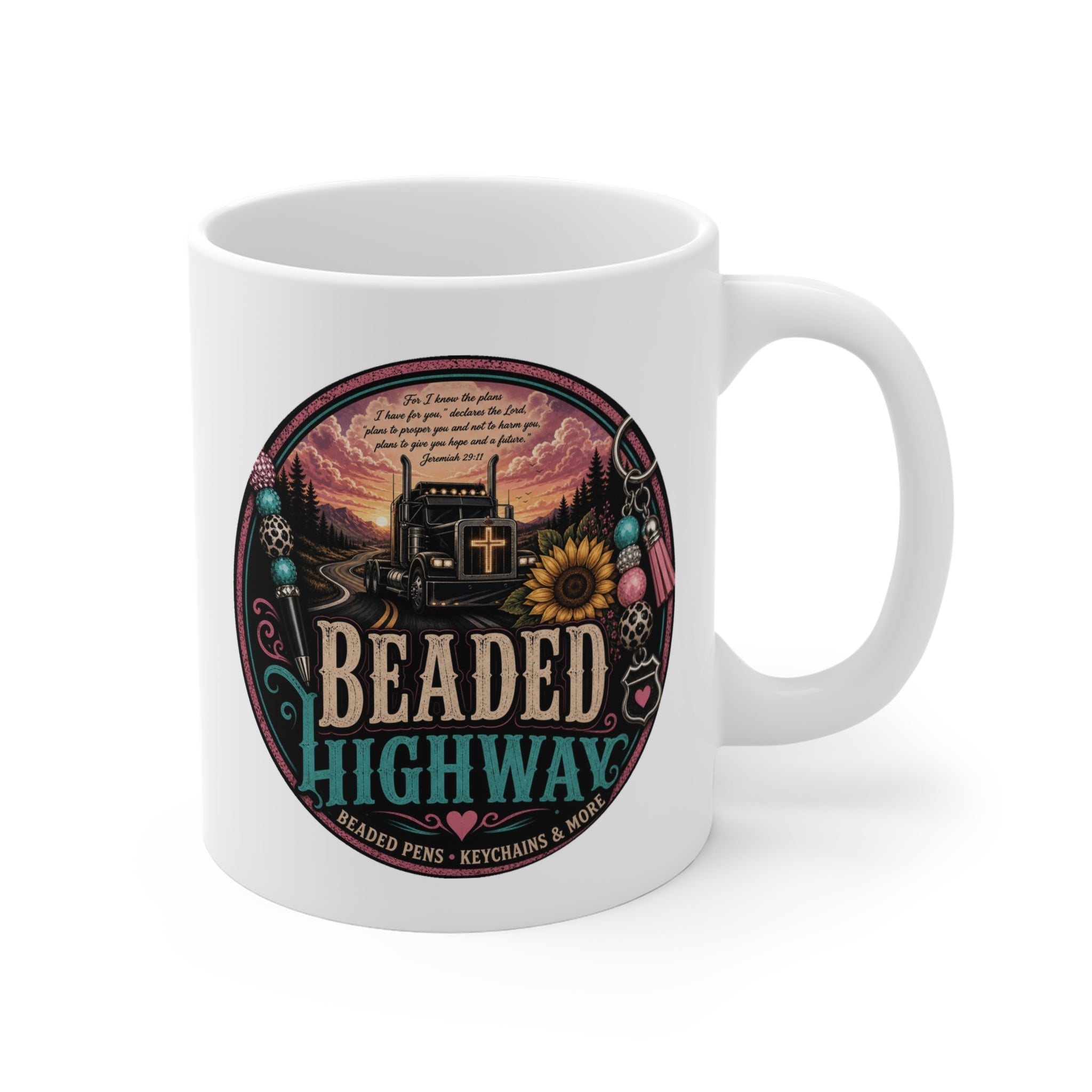 Beaded Highway Mug — Western Route Trucking Coffee Cup with Sunflower & Beadwork Design