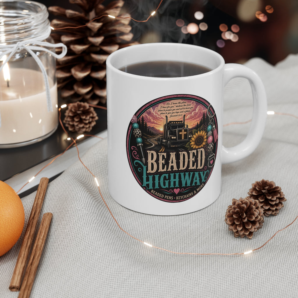 Beaded Highway Mug — Western Route Trucking Coffee Cup with Sunflower & Beadwork Design