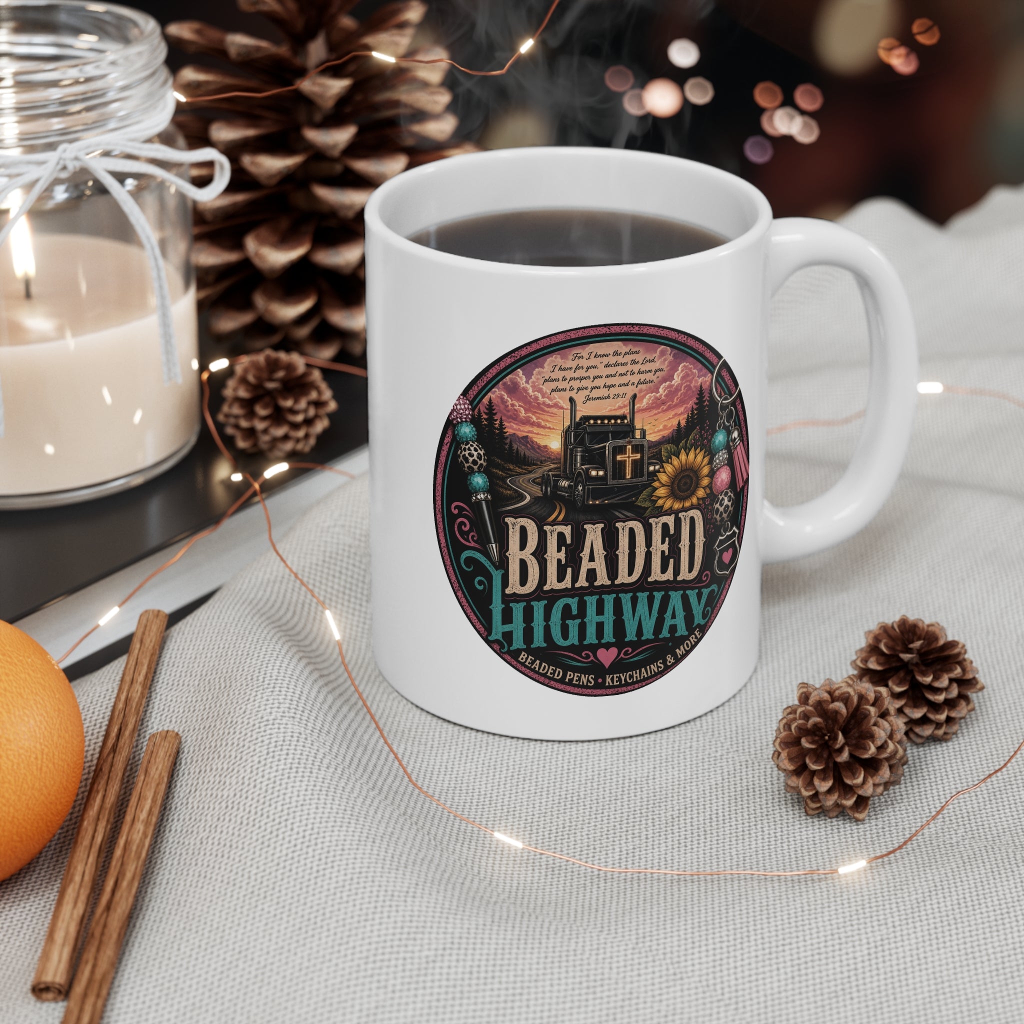 Beaded Highway Mug — Western Route Trucking Coffee Cup with Sunflower & Beadwork Design
