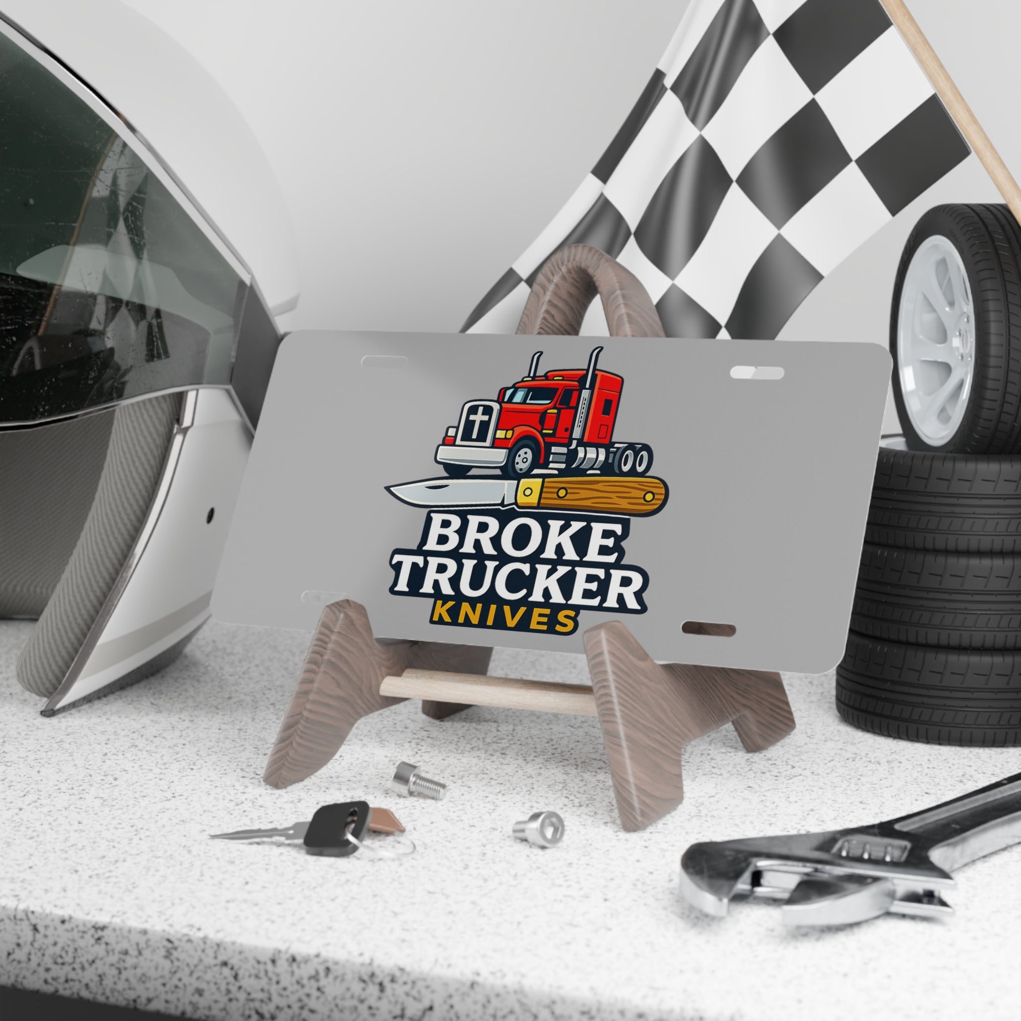 Broke Trucker Knives Vanity Plate — Red Semi Truck & Pocket Knife License Plate