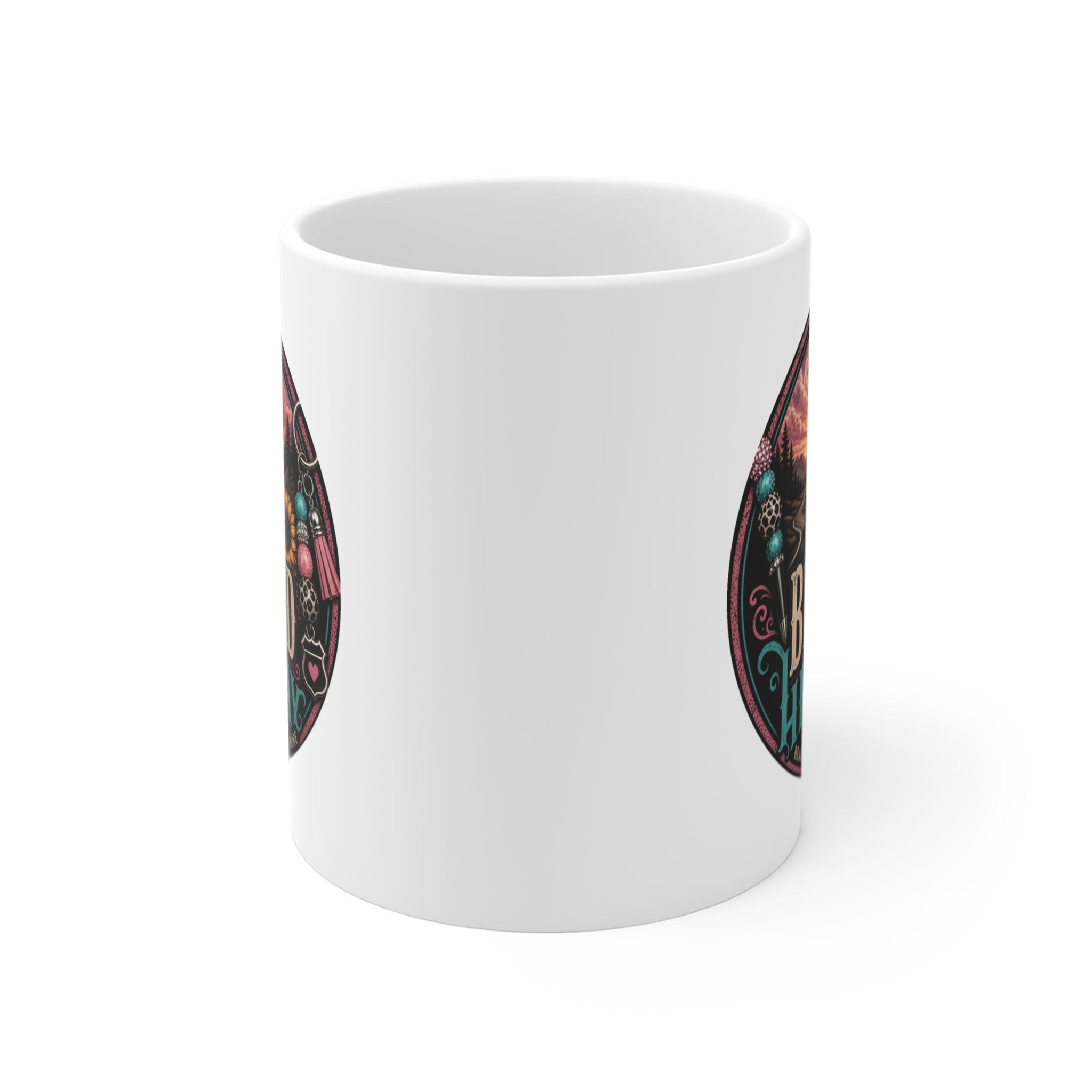 Beaded Highway Mug — Western Route Trucking Coffee Cup with Sunflower & Beadwork Design