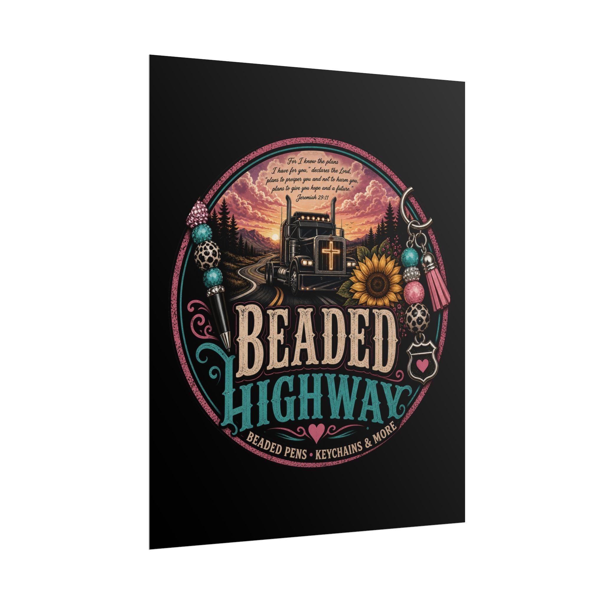 Beaded Highway Poster — Retro Truck & Sunflower Wall Art