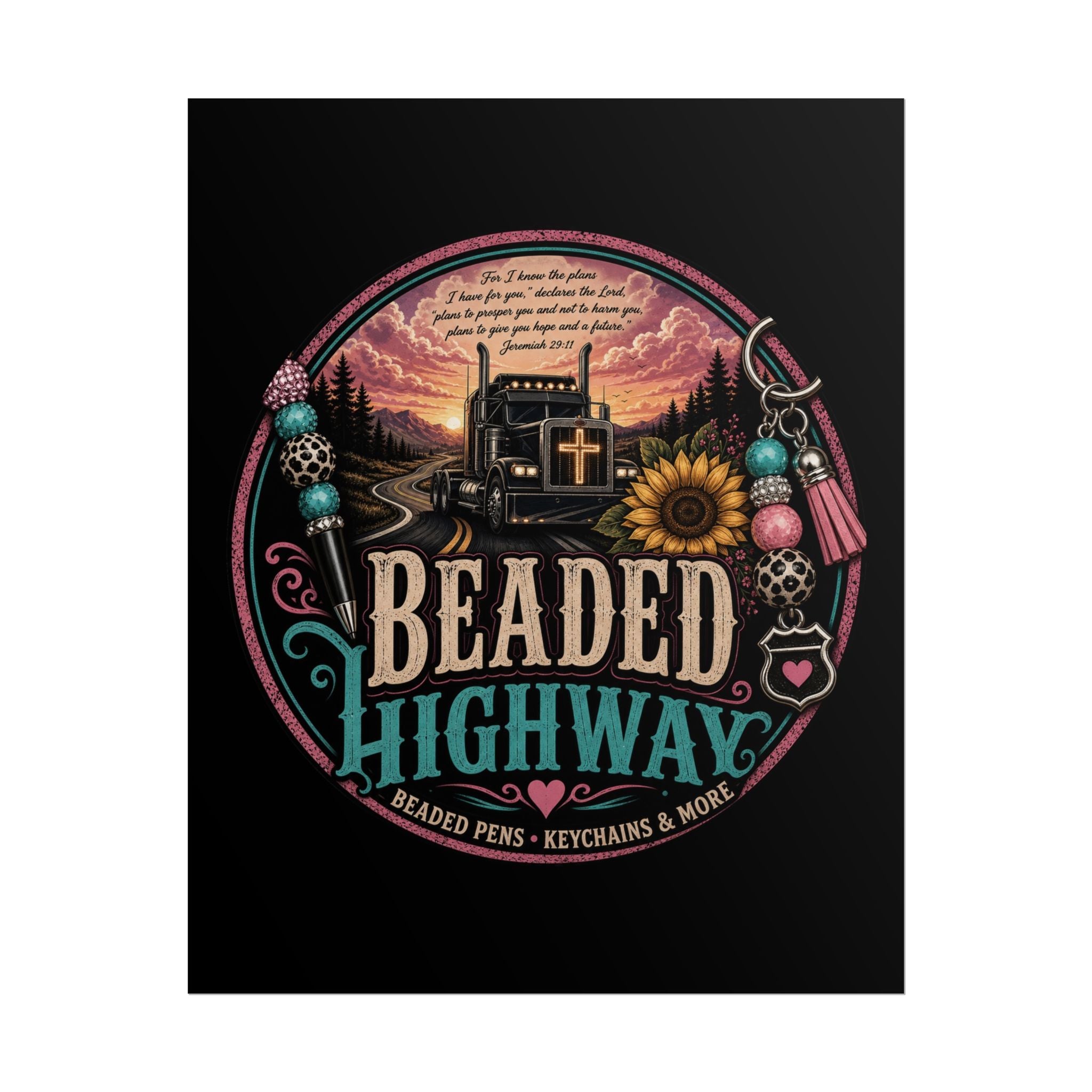 Beaded Highway Poster — Retro Truck & Sunflower Wall Art