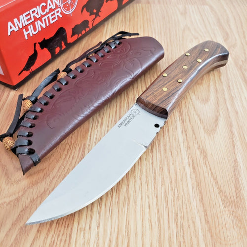 American Hunter 9in Fixed Blade Knife, Rosewood Handle, Leather Sheath