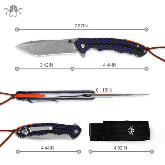 Klaken J279 Tidefall, Damascus Steel Blade With Blue/Black G10