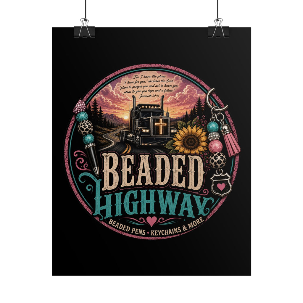 Beaded Highway Poster — Retro Truck & Sunflower Wall Art