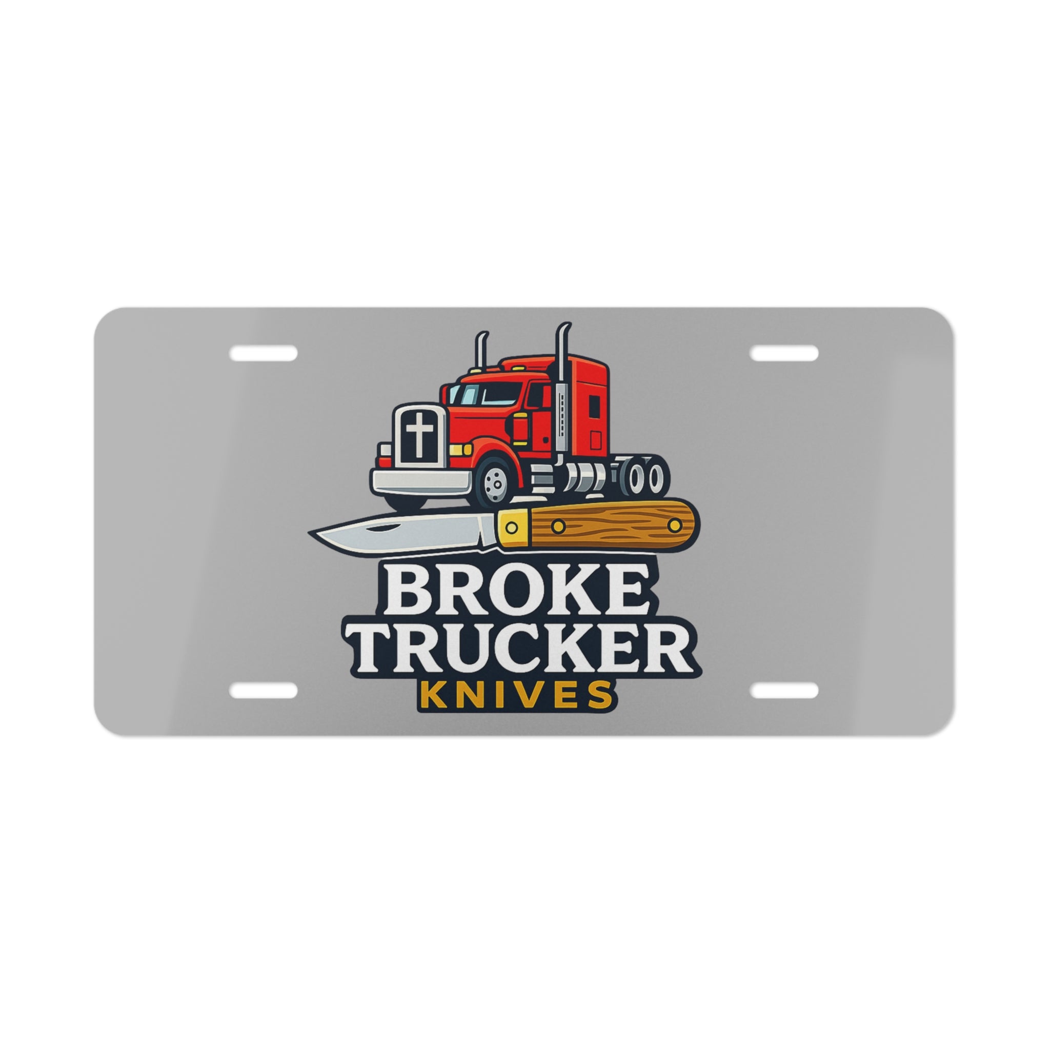 Broke Trucker Knives Vanity Plate — Red Semi Truck & Pocket Knife License Plate