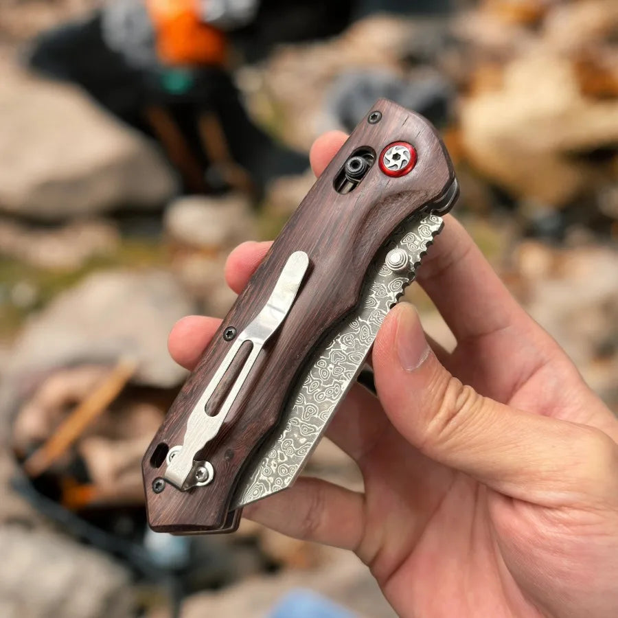 Damascus Steel Pocket Knife with Wood Handle Bearing Assisted Folding Design for Camping Knife Survival Outdoor EDC