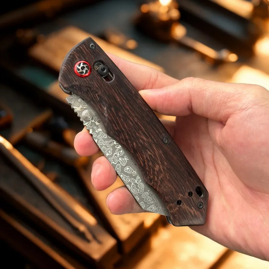 Damascus Steel Pocket Knife with Wood Handle Bearing Assisted Folding Design for Camping Knife Survival Outdoor EDC