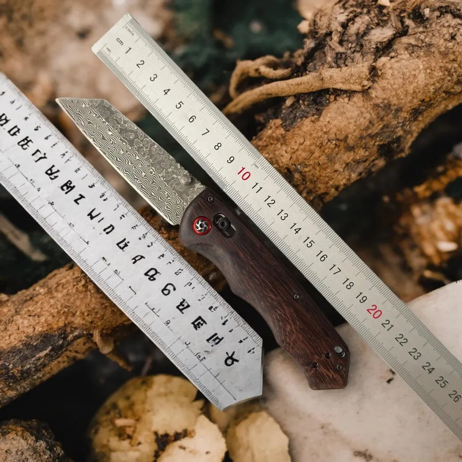Damascus Steel Pocket Knife with Wood Handle Bearing Assisted Folding Design for Camping Knife Survival Outdoor EDC
