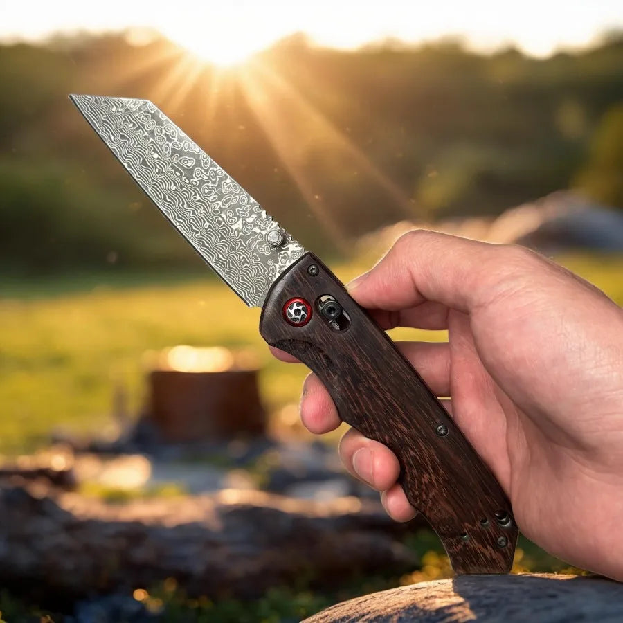 Damascus Steel Pocket Knife with Wood Handle Bearing Assisted Folding Design for Camping Knife Survival Outdoor EDC
