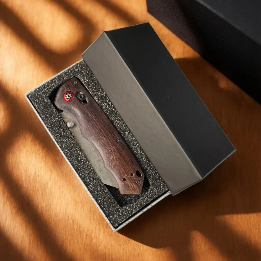 Damascus Steel Pocket Knife with Wood Handle Bearing Assisted Folding Design for Camping Knife Survival Outdoor EDC