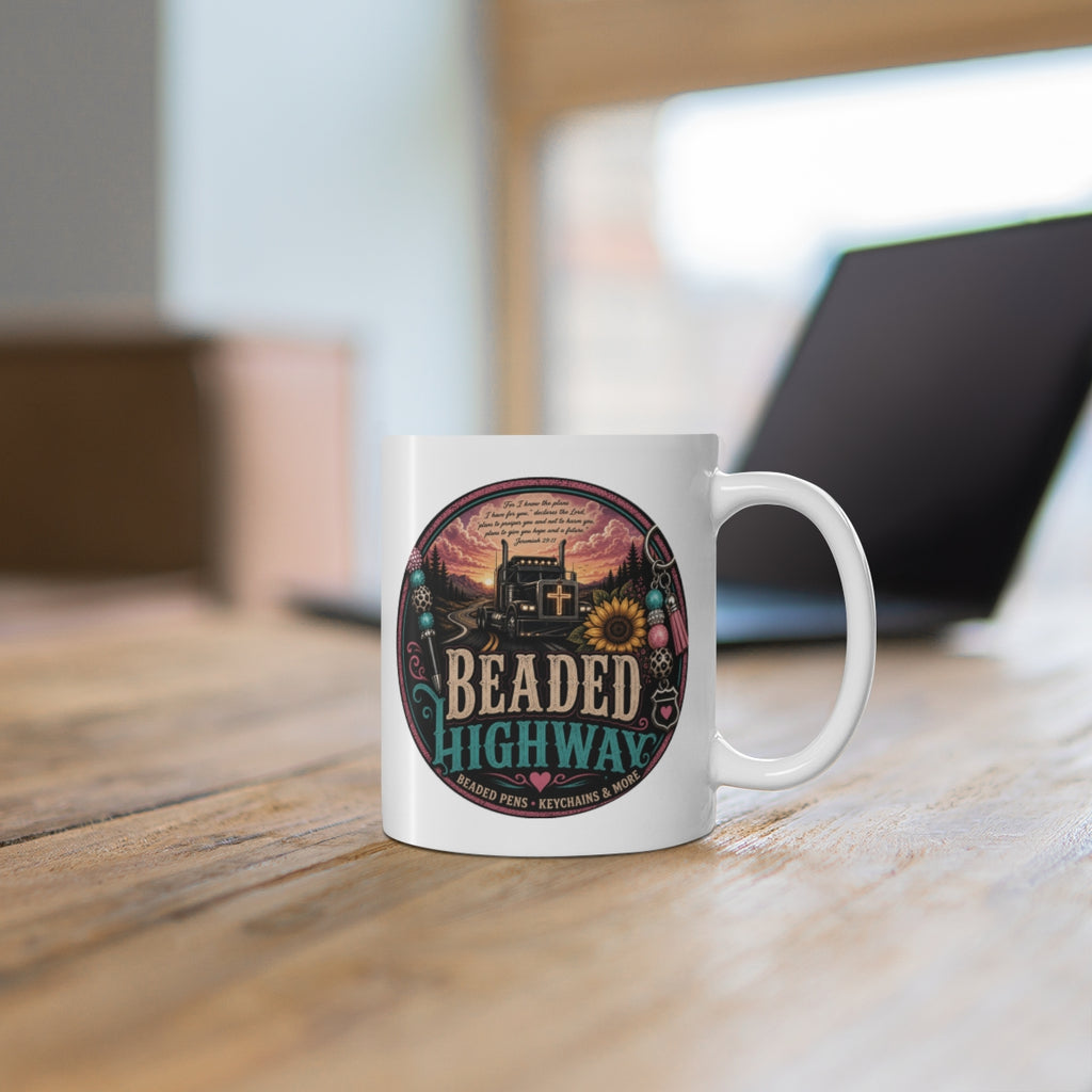 Beaded Highway Mug — Western Route Trucking Coffee Cup with Sunflower & Beadwork Design