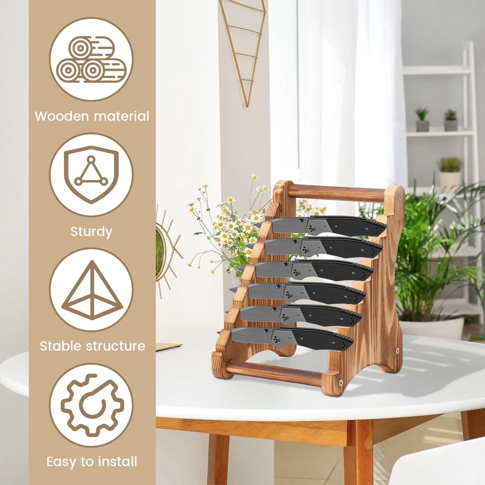 Knife Block Wood Fixed Blade 7 Layers Collection Display Stand Holder Kitchen Knife Wooden Display Case for Fixed Knife Series