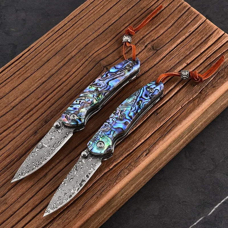 2026 new KS Damascus steel pocket knife with colorful shell handle, high hardness, sharp, portable, self-defense, folding knife