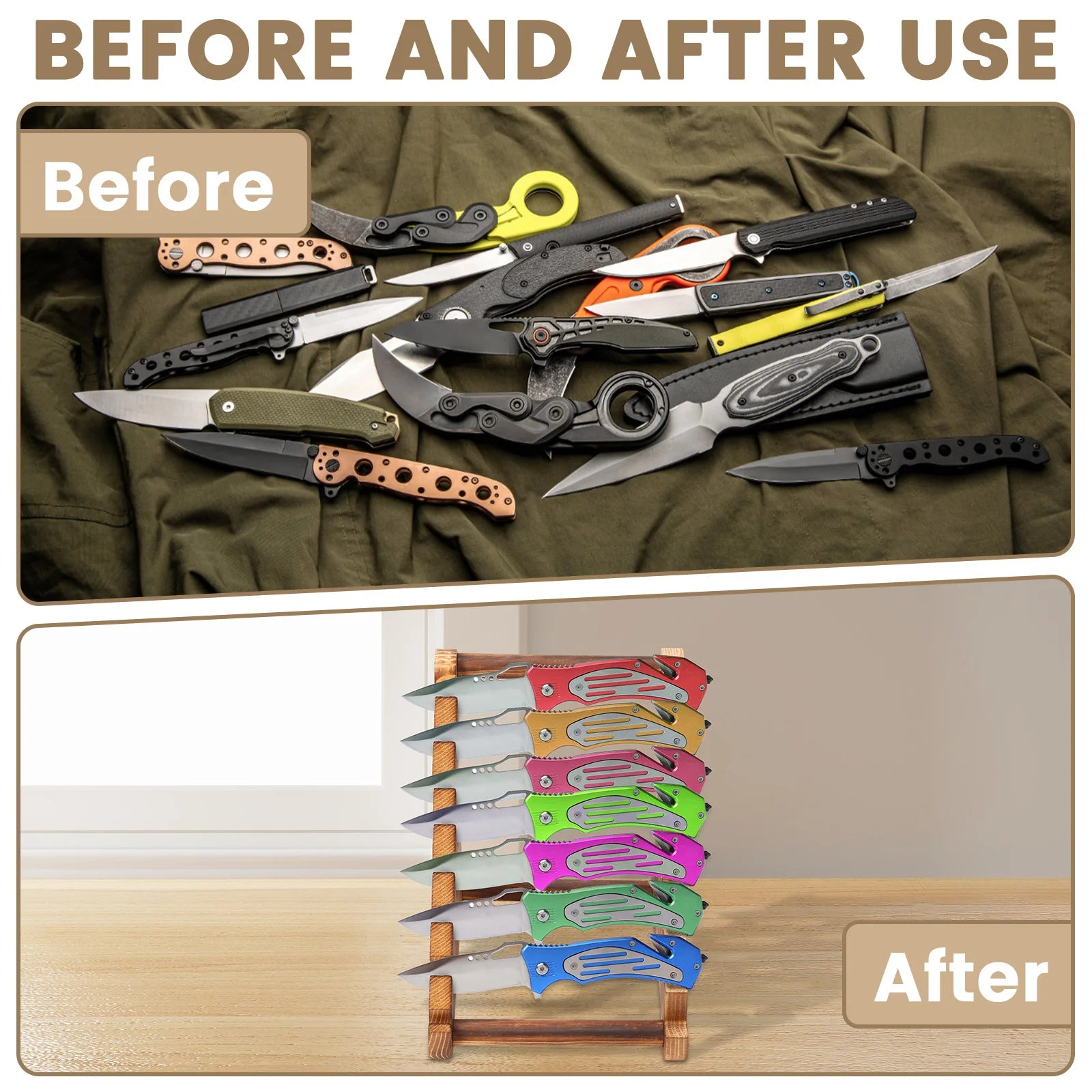 Knife Block Wood Fixed Blade 7 Layers Collection Display Stand Holder Kitchen Knife Wooden Display Case for Fixed Knife Series