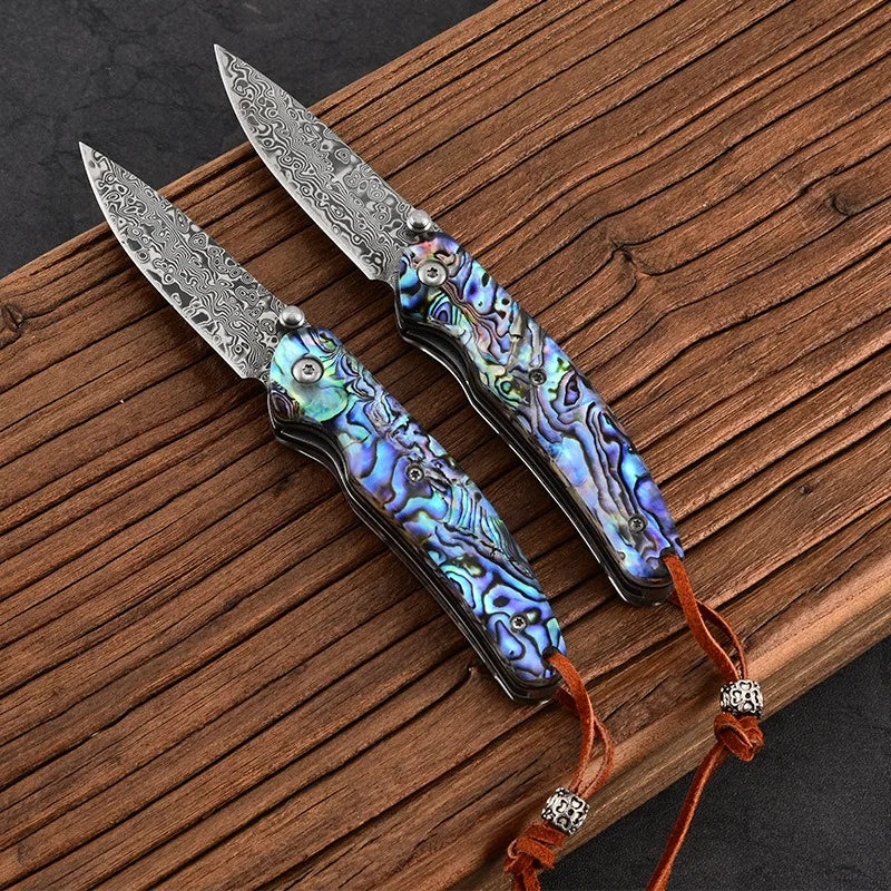 2026 new KS Damascus steel pocket knife with colorful shell handle, high hardness, sharp, portable, self-defense, folding knife