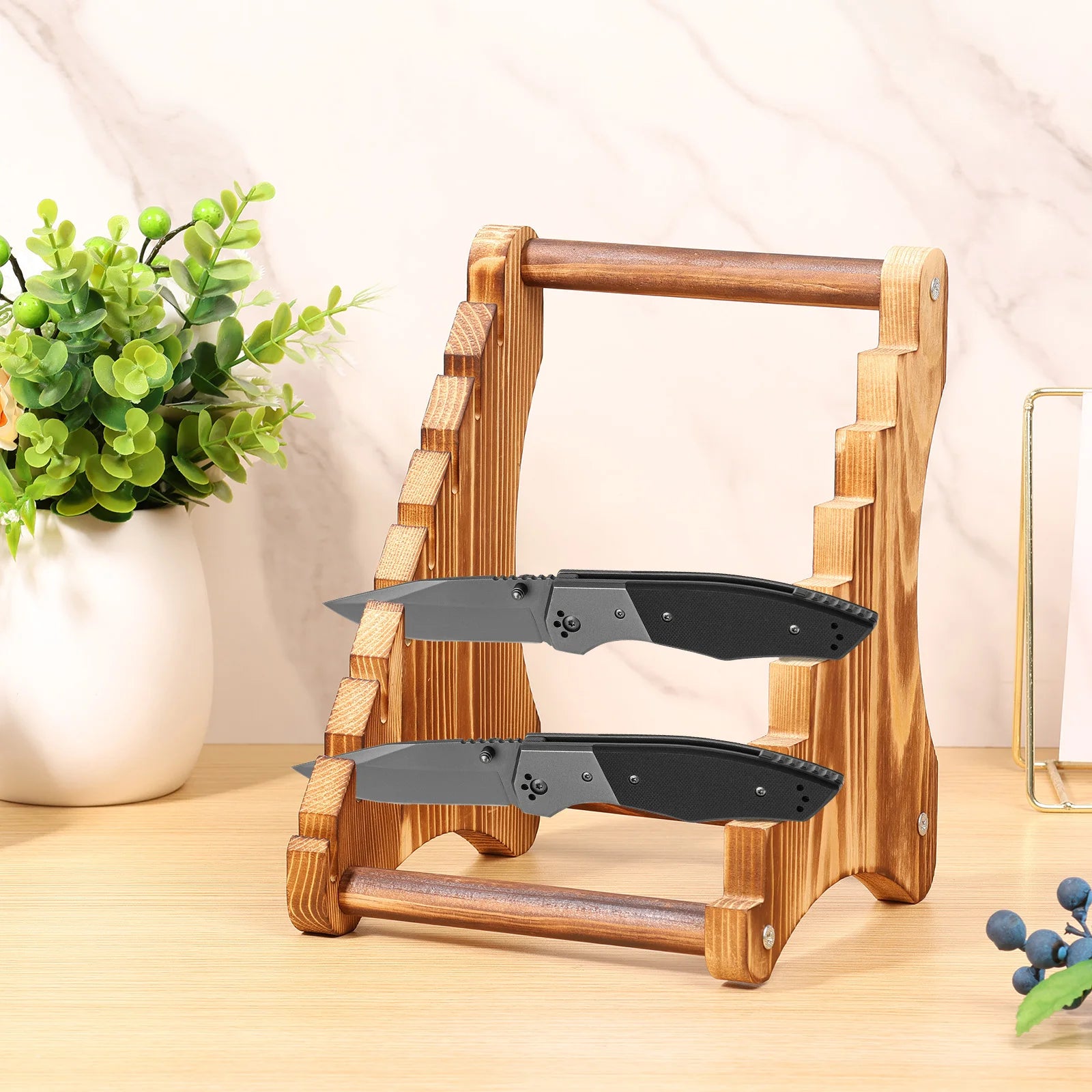 Knife Block Wood Fixed Blade 7 Layers Collection Display Stand Holder Kitchen Knife Wooden Display Case for Fixed Knife Series