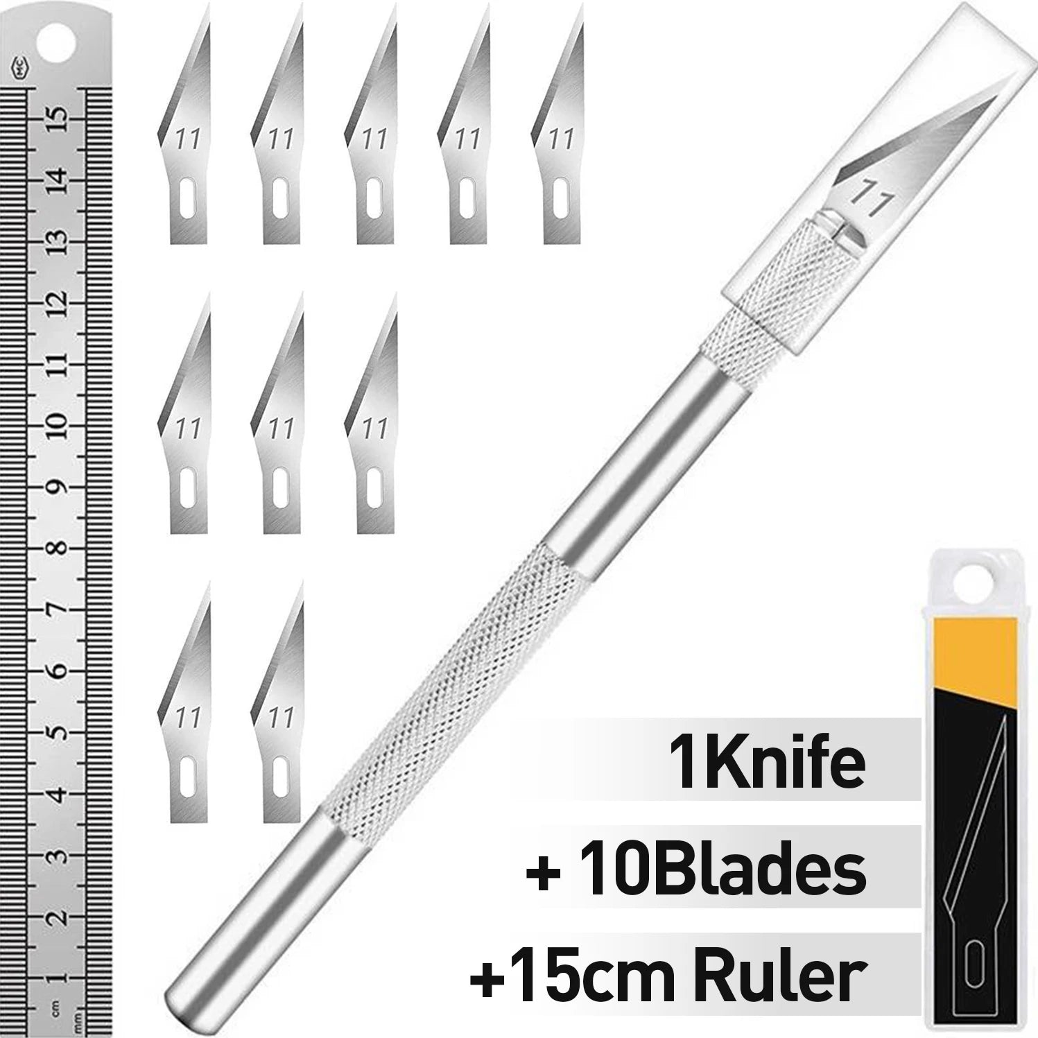 Knife Set - 1pc High-Grade Craft Knife Set with 10 Extra Premium Steel Knife Blades and 15cm Ruler