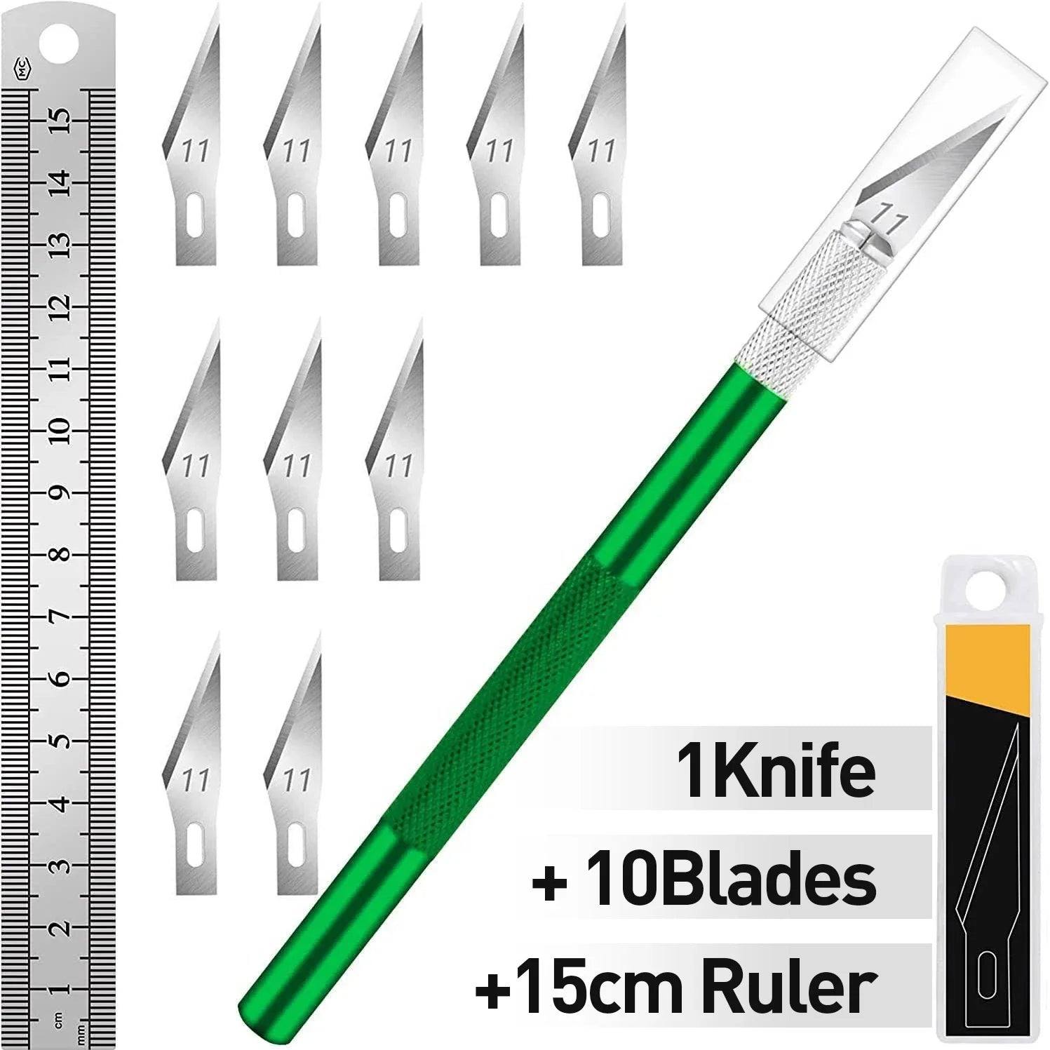 Knife Set - 1pc High-Grade Craft Knife Set with 10 Extra Premium Steel Knife Blades and 15cm Ruler