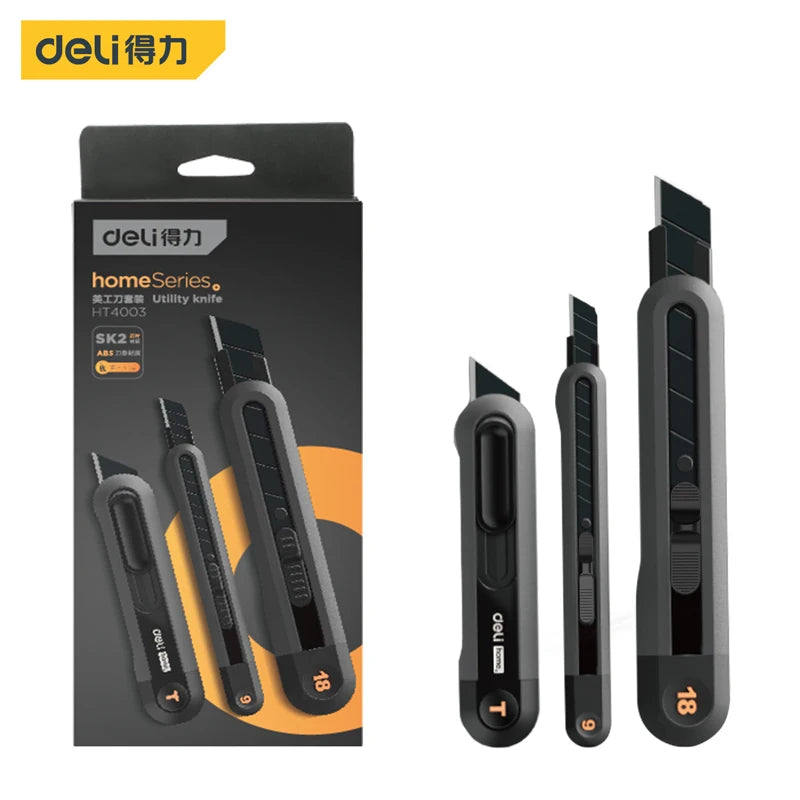 Deli Pocket Knife Portable Utility Knives Set 9mm/18mm Blades Retractable Box Paper Carton Cutter Art Office Home Supplies