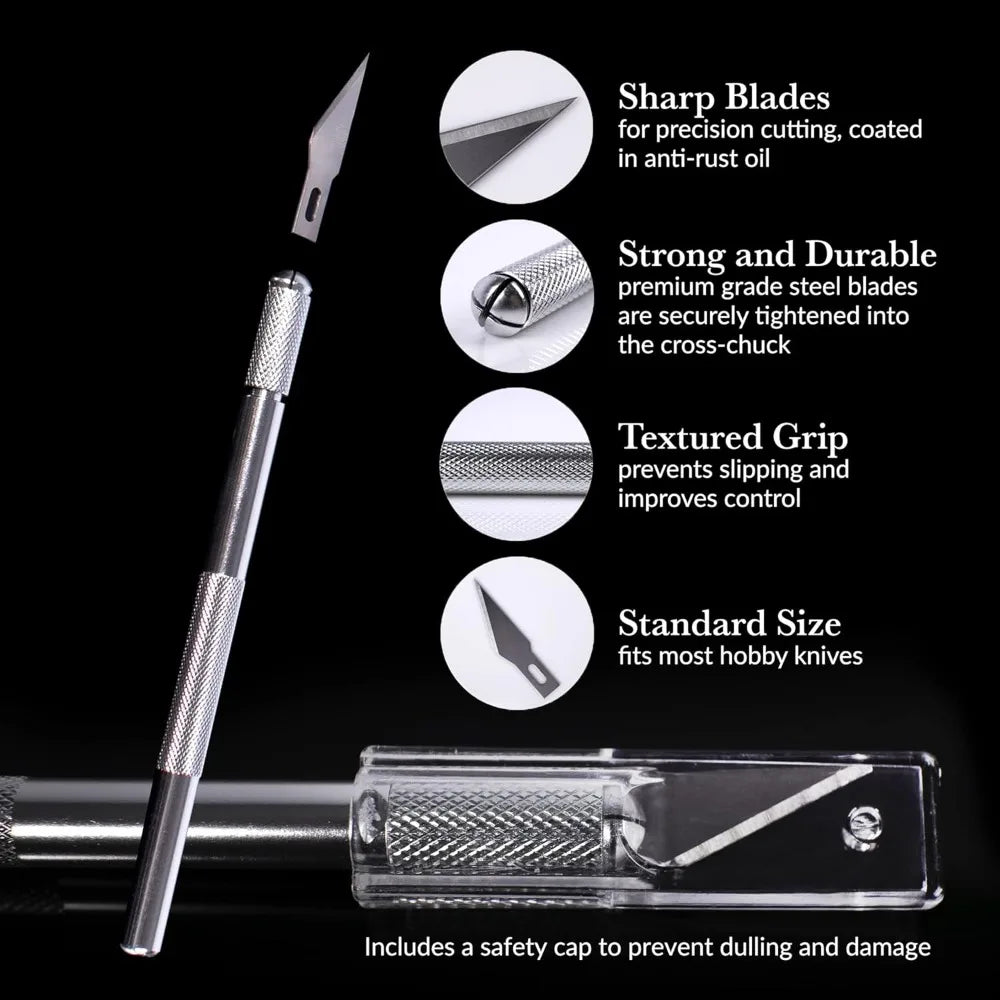 Knife Set - 1pc High-Grade Craft Knife Set with 10 Extra Premium Steel Knife Blades and 15cm Ruler