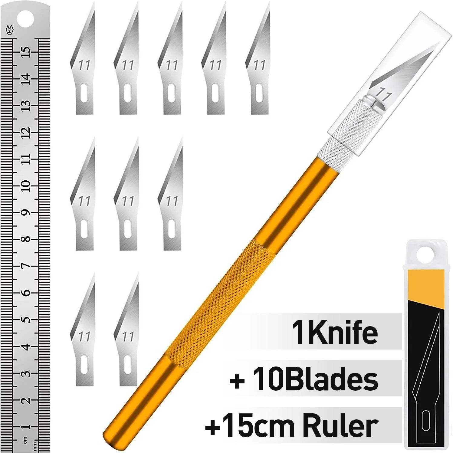 Knife Set - 1pc High-Grade Craft Knife Set with 10 Extra Premium Steel Knife Blades and 15cm Ruler