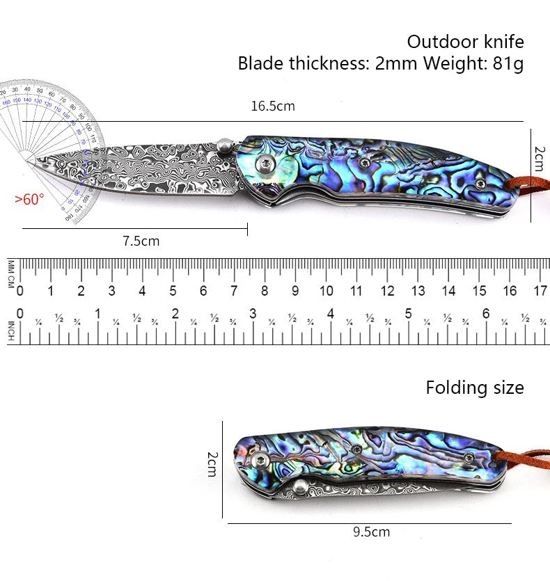 2026 new KS Damascus steel pocket knife with colorful shell handle, high hardness, sharp, portable, self-defense, folding knife