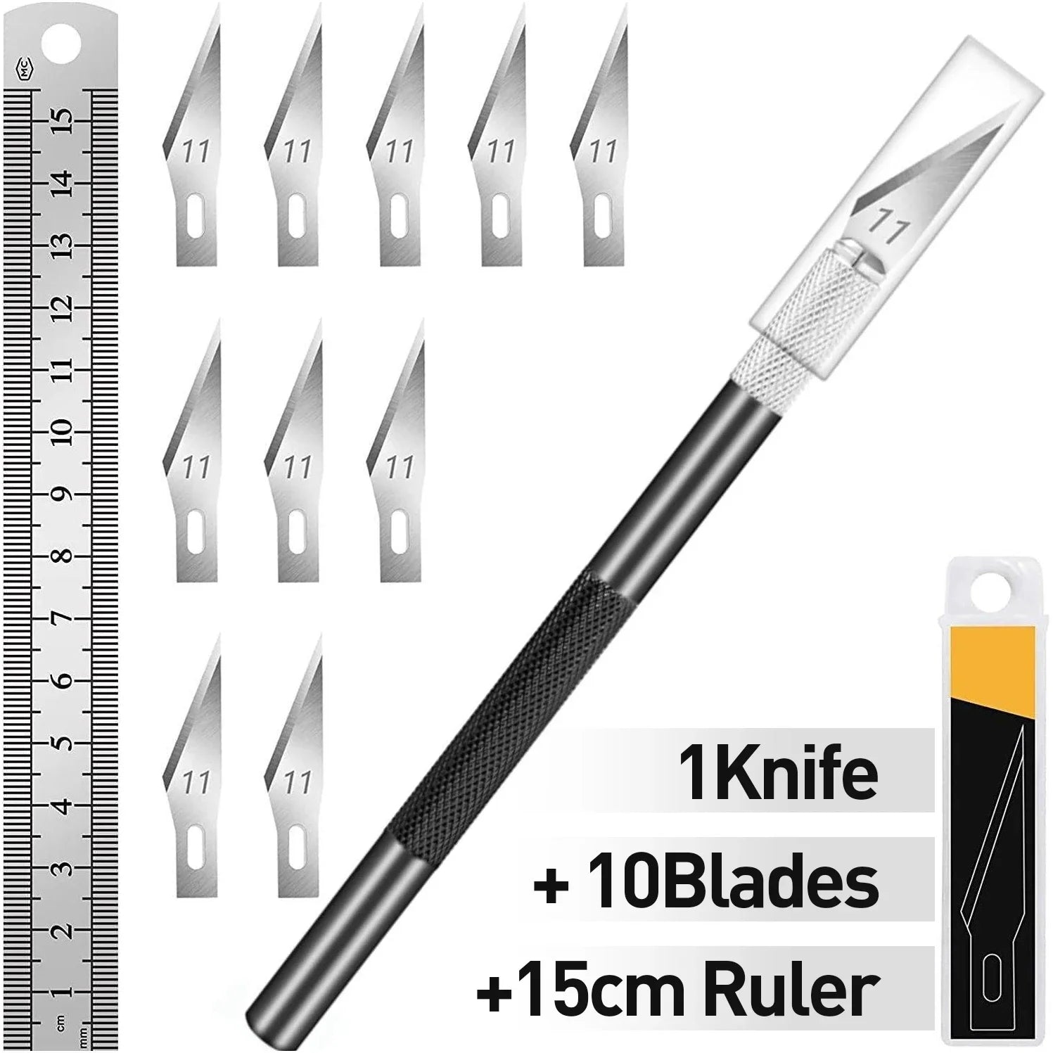Knife Set - 1pc High-Grade Craft Knife Set with 10 Extra Premium Steel Knife Blades and 15cm Ruler