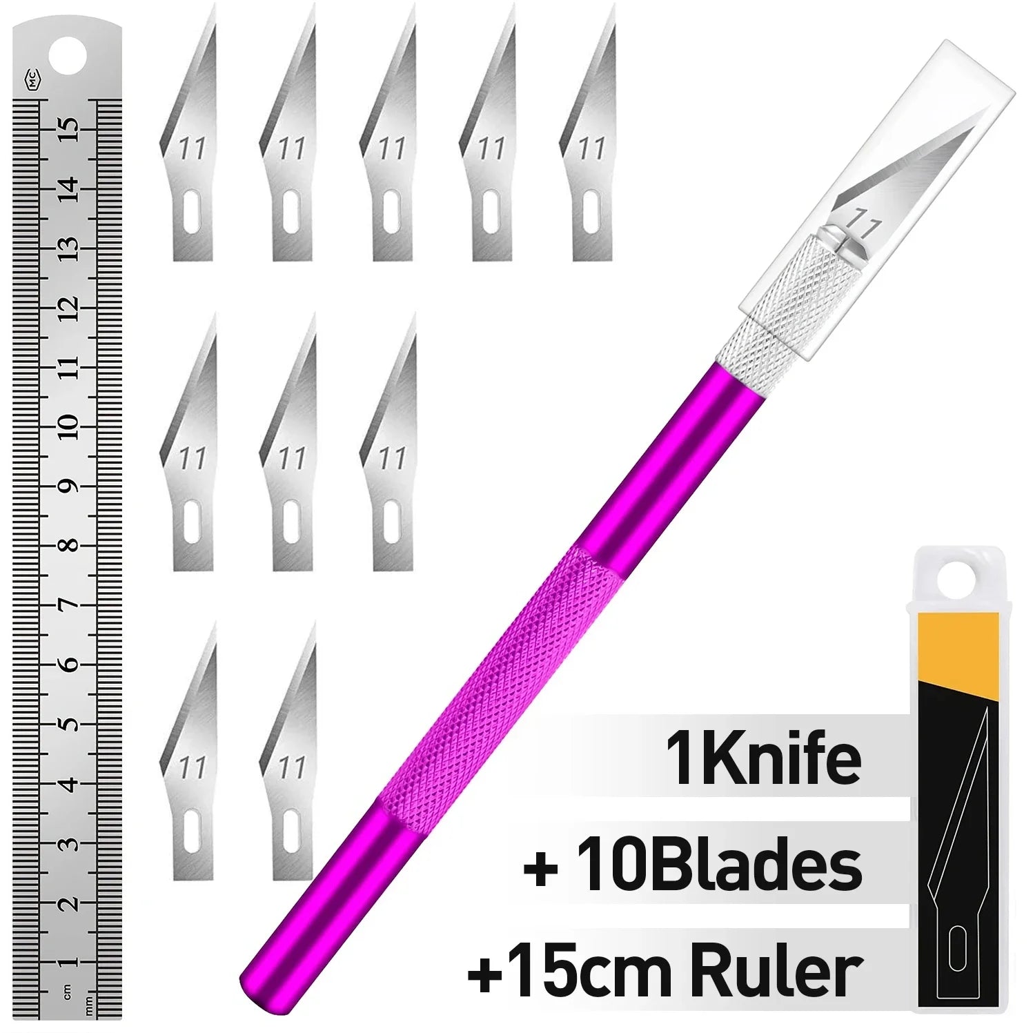 Knife Set - 1pc High-Grade Craft Knife Set with 10 Extra Premium Steel Knife Blades and 15cm Ruler