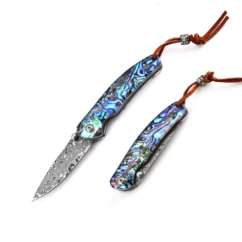 2026 new KS Damascus steel pocket knife with colorful shell handle, high hardness, sharp, portable, self-defense, folding knife