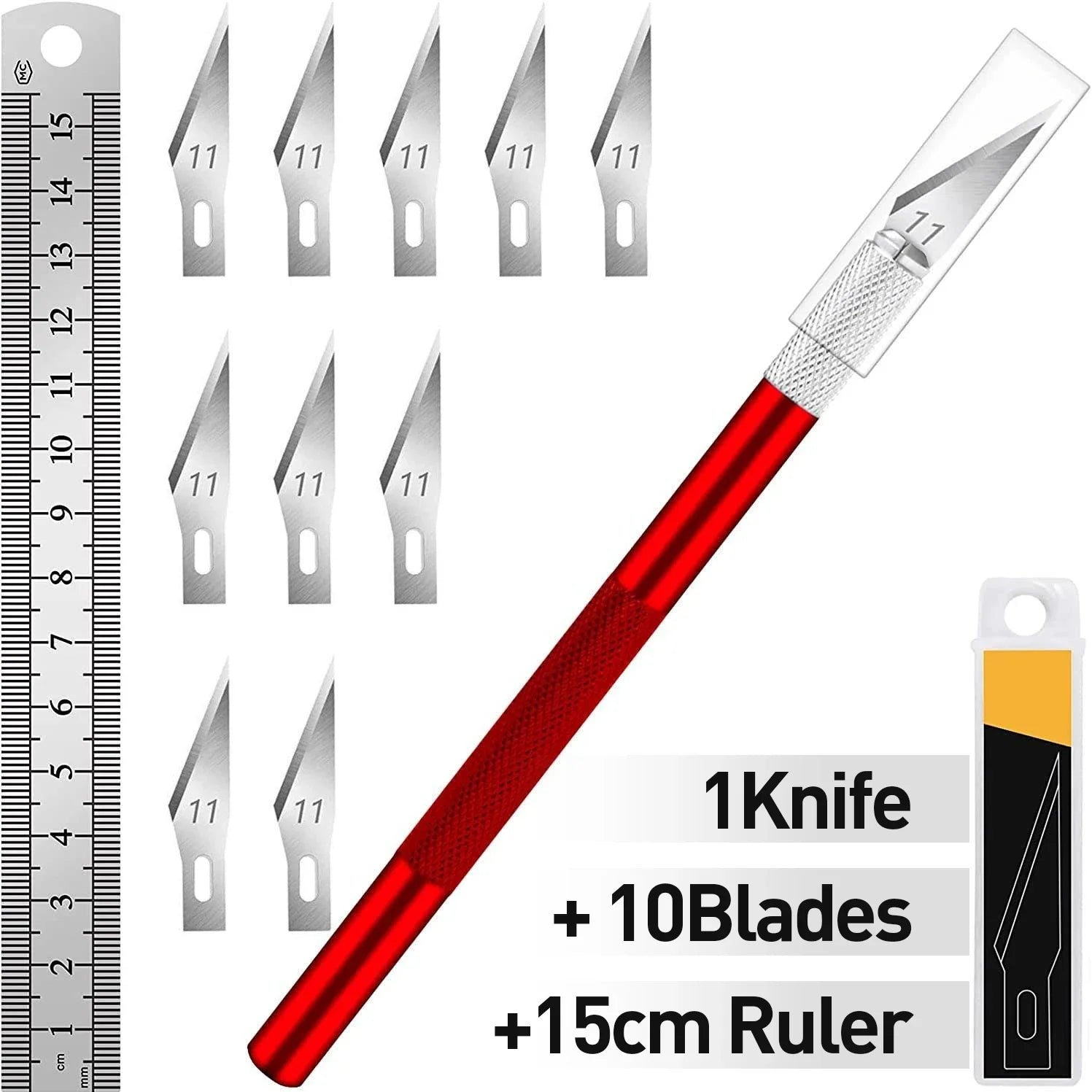 Knife Set - 1pc High-Grade Craft Knife Set with 10 Extra Premium Steel Knife Blades and 15cm Ruler