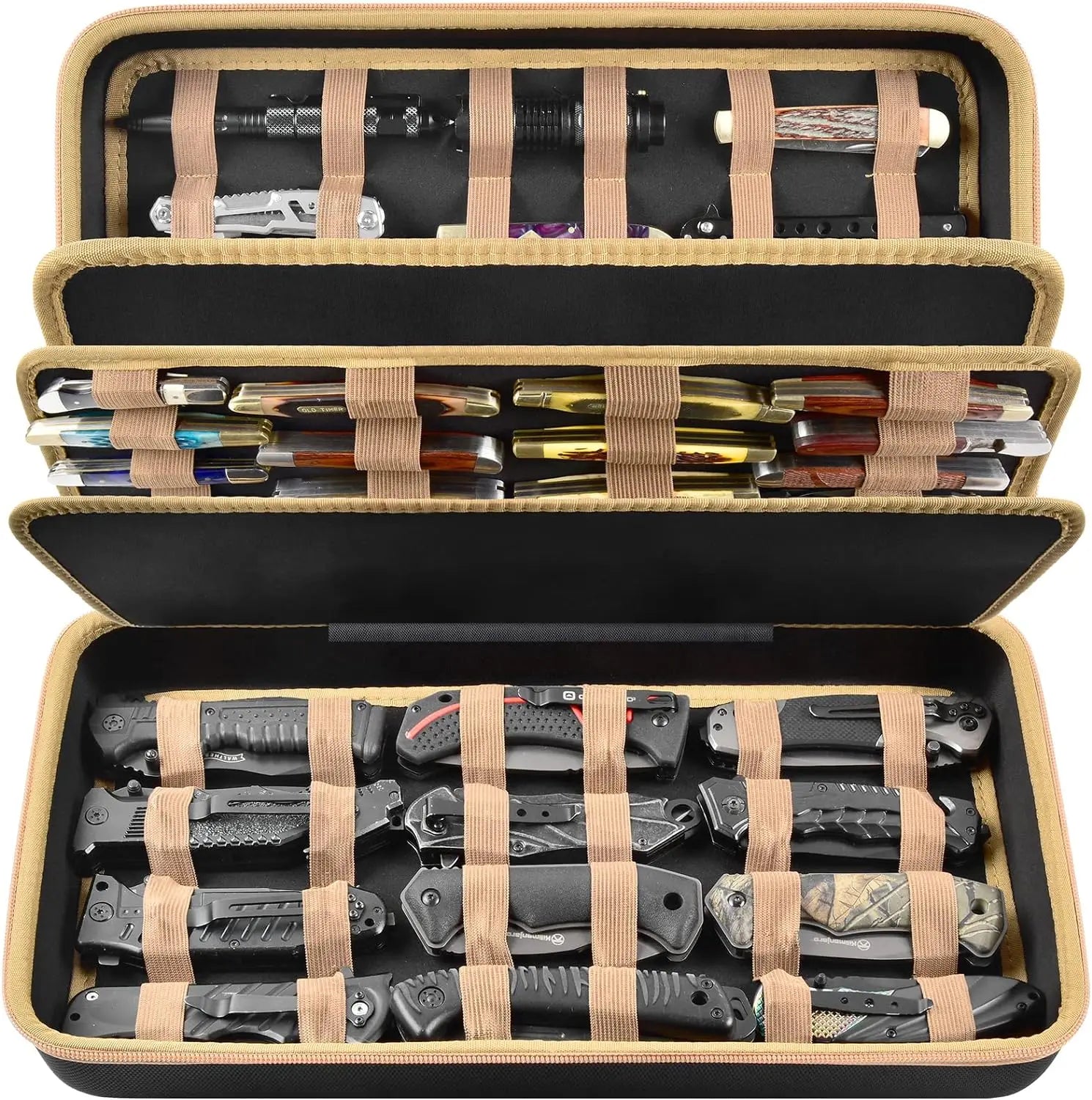 Knife Display Case for 64+ Pocket Knives, Butterfly Knife Storage Box, Folding Knives Organizer Holder, Knives Collection Organi