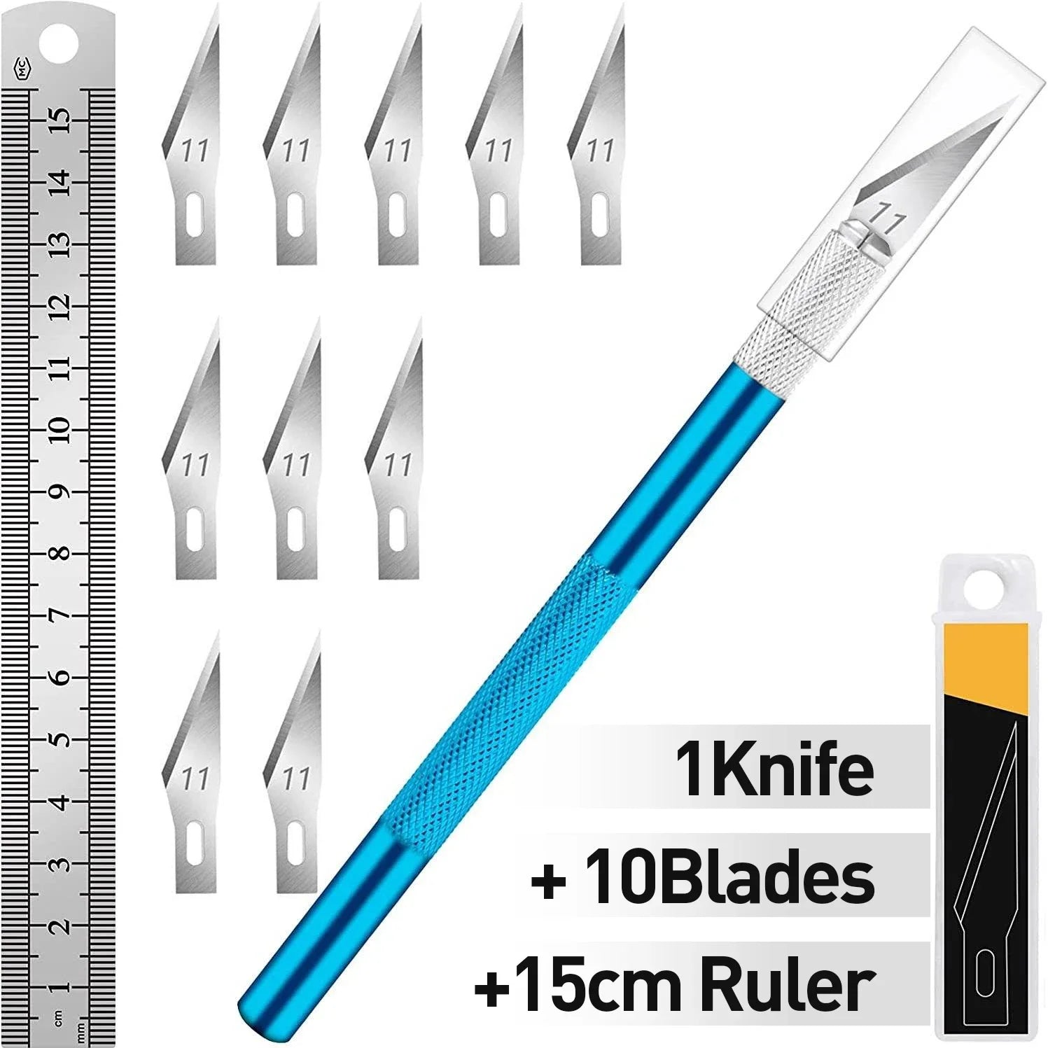 Knife Set - 1pc High-Grade Craft Knife Set with 10 Extra Premium Steel Knife Blades and 15cm Ruler