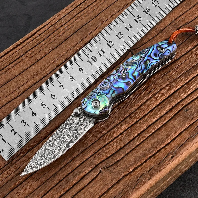 2026 new KS Damascus steel pocket knife with colorful shell handle, high hardness, sharp, portable, self-defense, folding knife